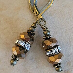 Copper Clear Crystal Rhinestone Rondelle Earrings Bronze Brass Lever Back